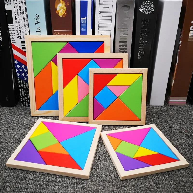Drewniane puzzle Tangram dla dzieci z 7 kolorowymi elementami, edukacyjna łamigłówka, zabawka edukacyjna dla chłopców i dziewcząt, zabawna impreza — zdjęcie 2