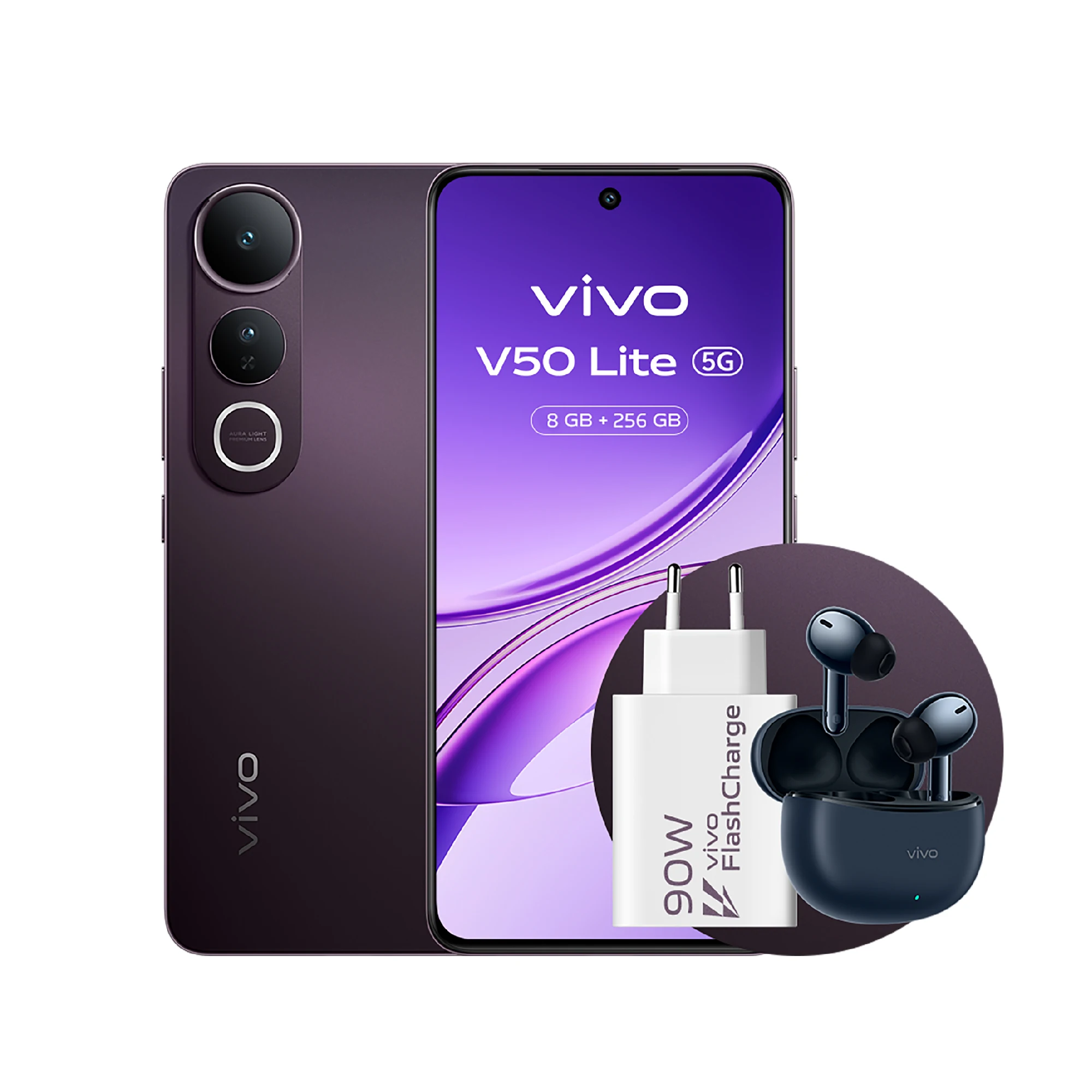 هاتف Vivo V50 Lite 5G، هاتف محمول يعمل بنظام Android مع 8 جيجابايت + 256 جيجابايت، 6.77 بوصة وشاشة P-OLED بألوان زاهية 120 هرتز، كاميرا ثلاثية 50 ميجابكسل، بطارية 6500 مللي أمبير في الساعة، سماعات أذن TWS 3e + شاحن