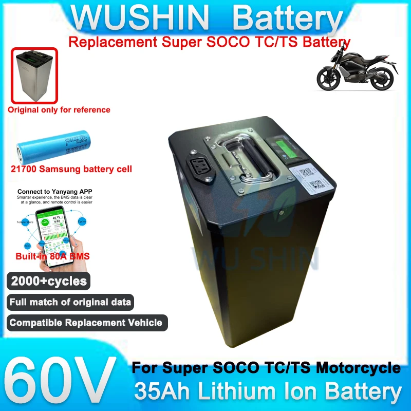 Original Replacement Battery 60V 35Ah for Super Soco TC TS Direct Replacement High Performance Upgraded Power Cell Plug & Play