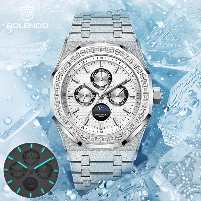 

ROLENDO Luxury Men's Automatic Watch Perpetual Calendar Moonphase Stainless Steel Waterproof Luminous High-End Wristwatch Gift