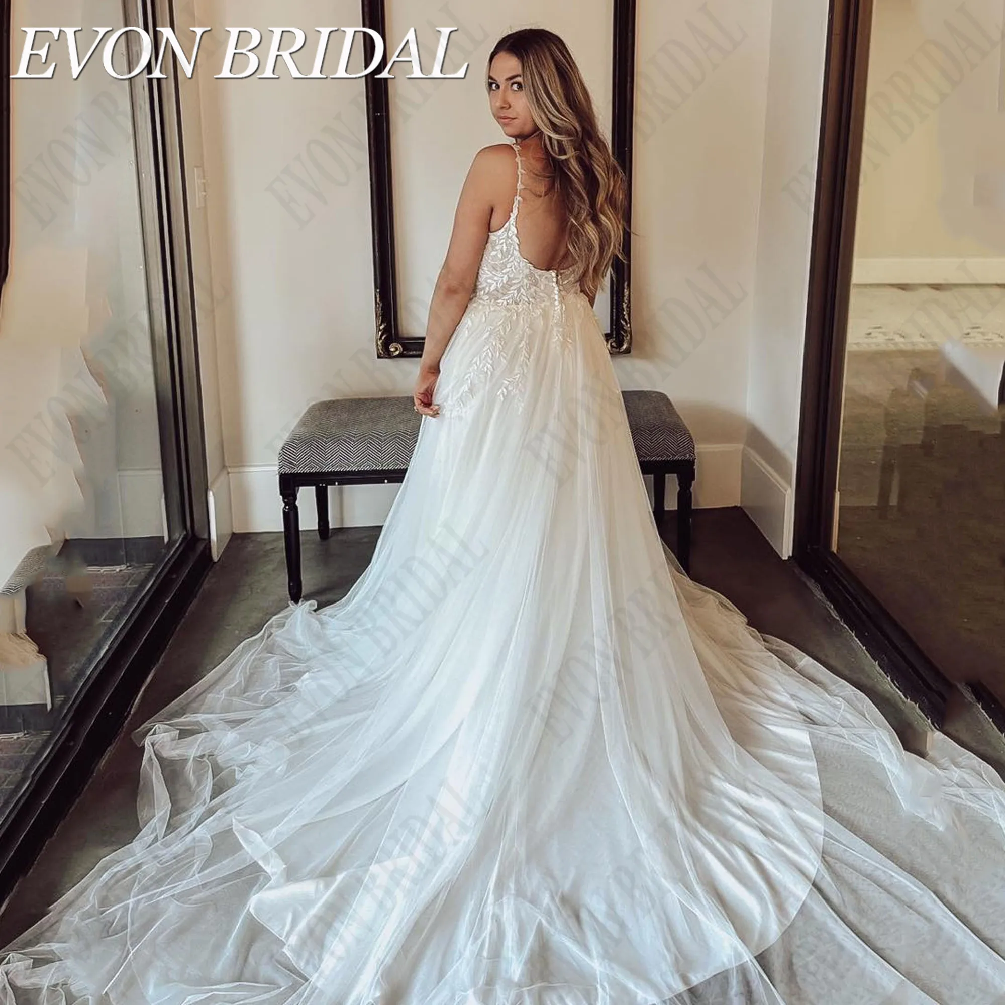 EVON gelin Backless artı boyutu gelinlik spagetti sapanlar A-Line v yaka tül gelinlikler aplike Boho Vestido De Vestido