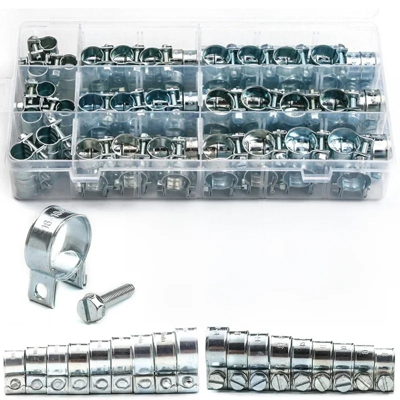 135/60 pièces collier de serrage Double oreilles pince 8-18mm entraînement à vis sans fin tuyau d'eau de carburant colliers de serrage Clips tuyau colliers de serrage de carburant Kit assorti