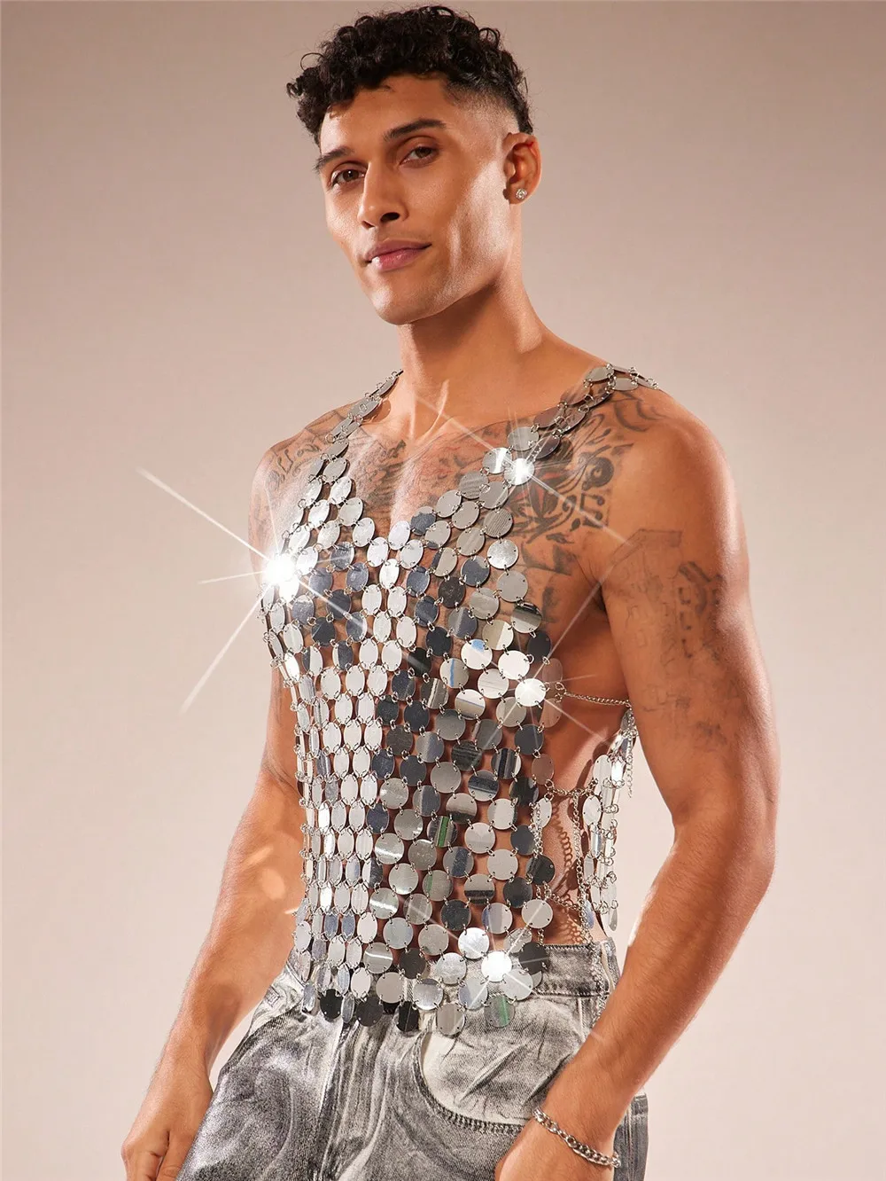 European And American Men's Sequin Vest With Handmade Round Piece Splicing, Hollow-Out Design, Party Music Festival Sequin Top
