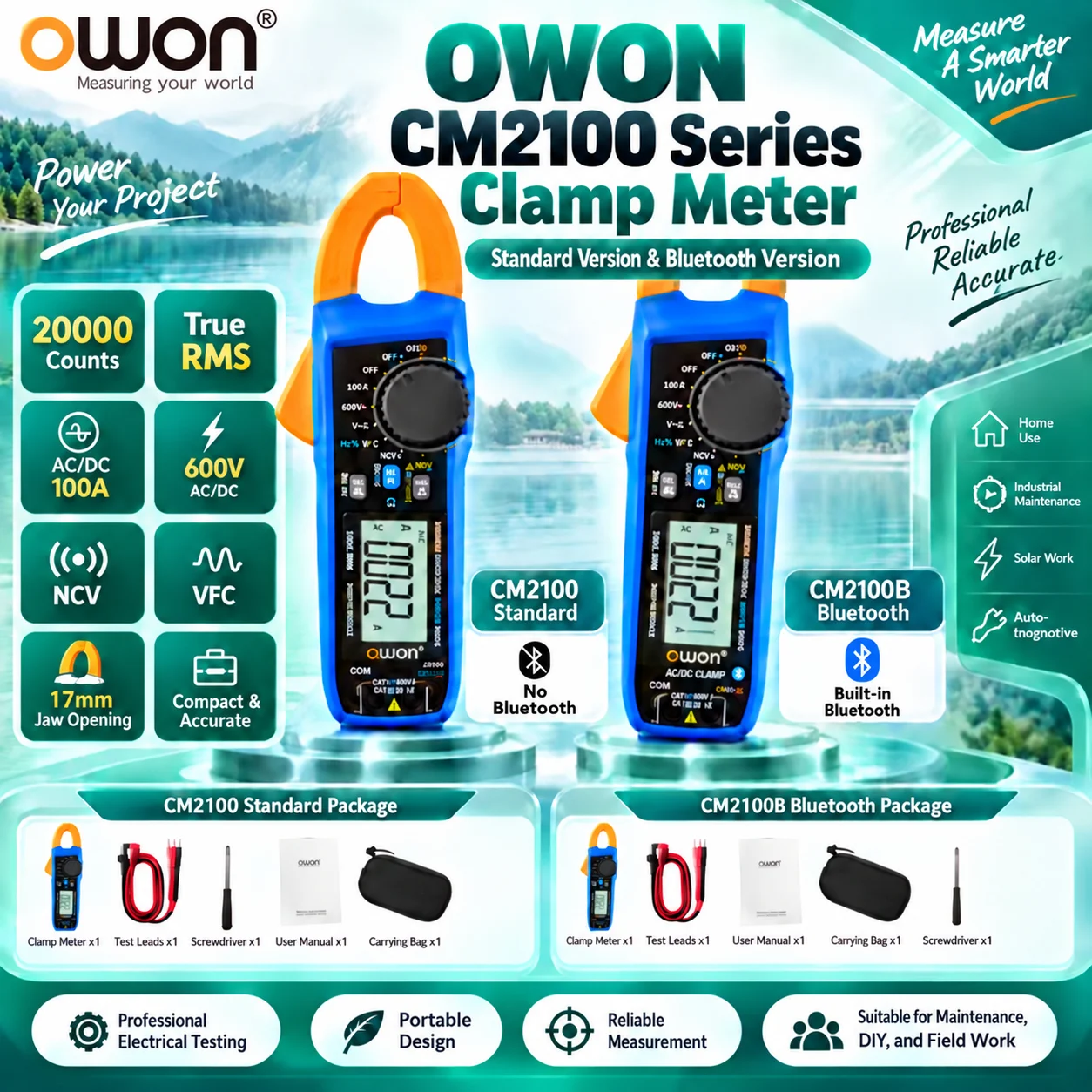 OWON CM2100 CM2100B Bluetooth Clamp Meter 20000 Counts True RMS AC/DC 100A 600V NCV VFC Auto Range Smart Digital Multimeter