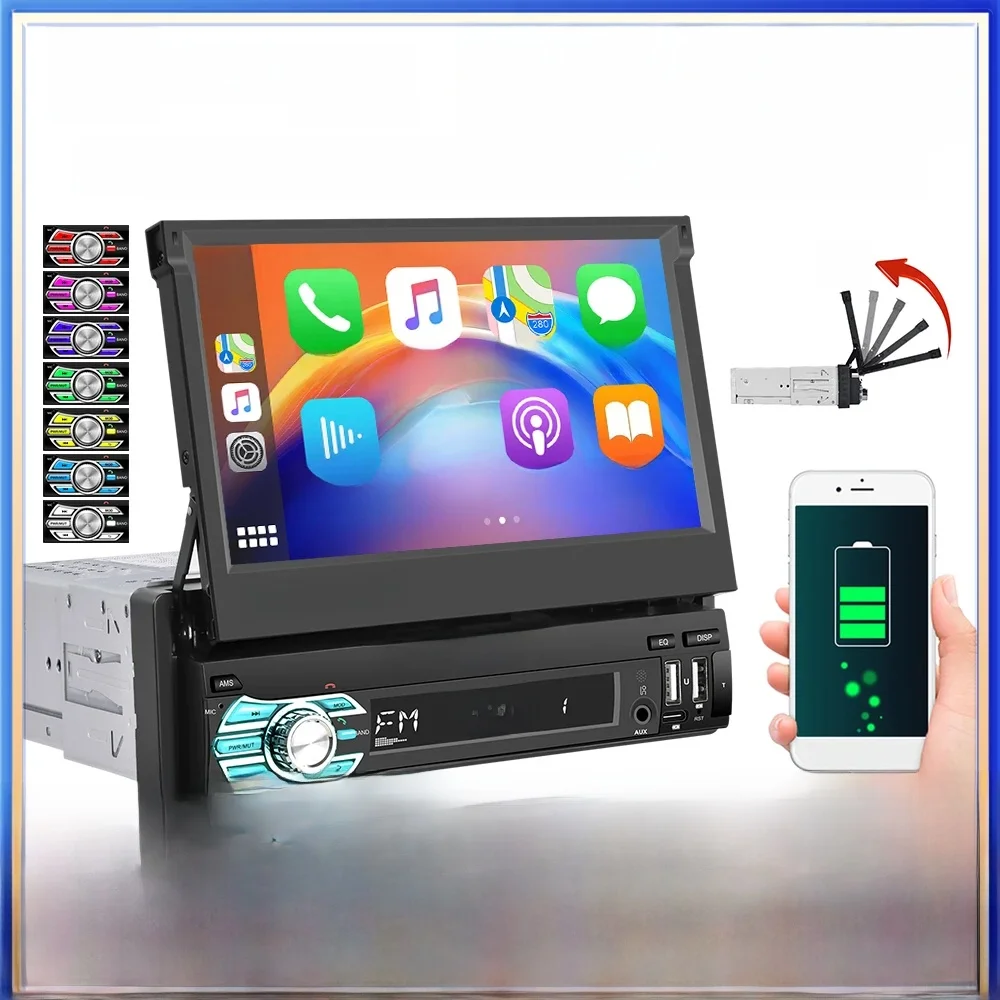 Leekooluu Universele 7 "1din Autoradio Handmatig Intrekbaar Scherm Android Auto Carplay Multimedia Video Mp5 Speler Usb/Sd/AUX-IN - afbeelding 2