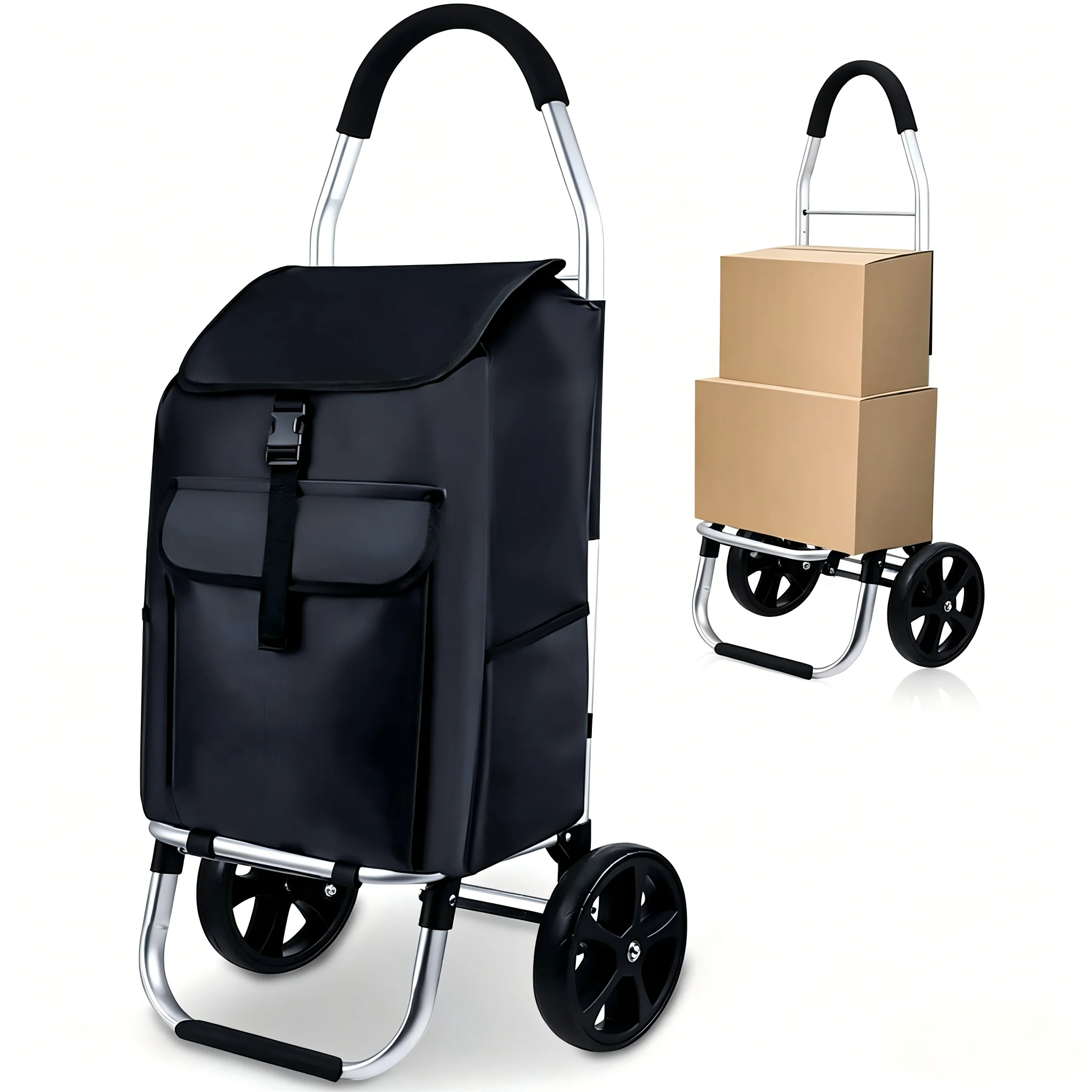 Chariot de courses 2 roues aluminium, compartiment étanche, caddie pliable 2 en 1, sac noir 58L