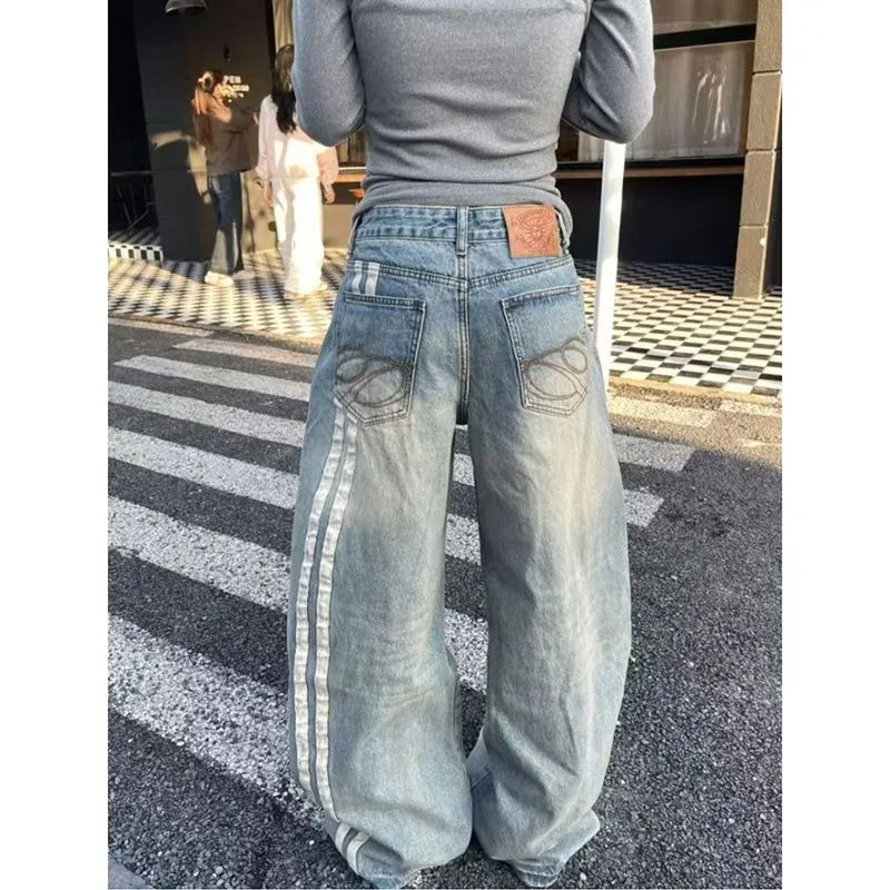 

Women's Vintage Washed Blue Pleated Jeans 2026 American Street Side Stripe Paneled Curved Leg Baggy Wide Leg Floor Length Jeans