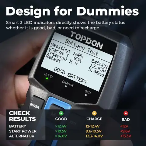 TOPDON BT200/BT100 Battery Tester Charging Cranking Test Tools for Car 24V/12V Automotive Diagnostic Battery Monitor 100-2000CCA
