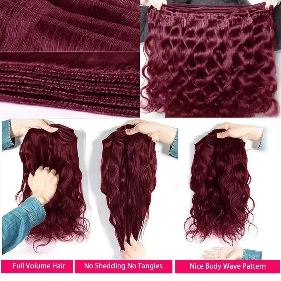 #99j Red Color Body Wave Bundles Human Hair 30 Inch Burgundy Bundles Double Weft Virgin Hair Weaving Bundle Deals For Extension view 5
