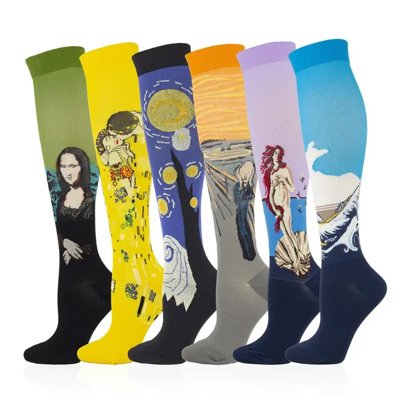 Nouveauté chaussettes de Compression drôles hommes femmes heureux peinture à l'huile criant Mona Lisa sourire Hip Hop chaussettes de Compression d'allaitement Popsocket