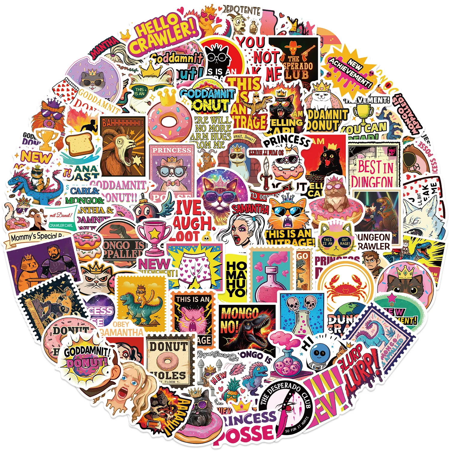 

100PCS Dungeon Crawler Carl Stickers Goddamnit Donut Decals For Laptop Scrapbook Luggage Guitar Helmet DIY Graffiti Stickers