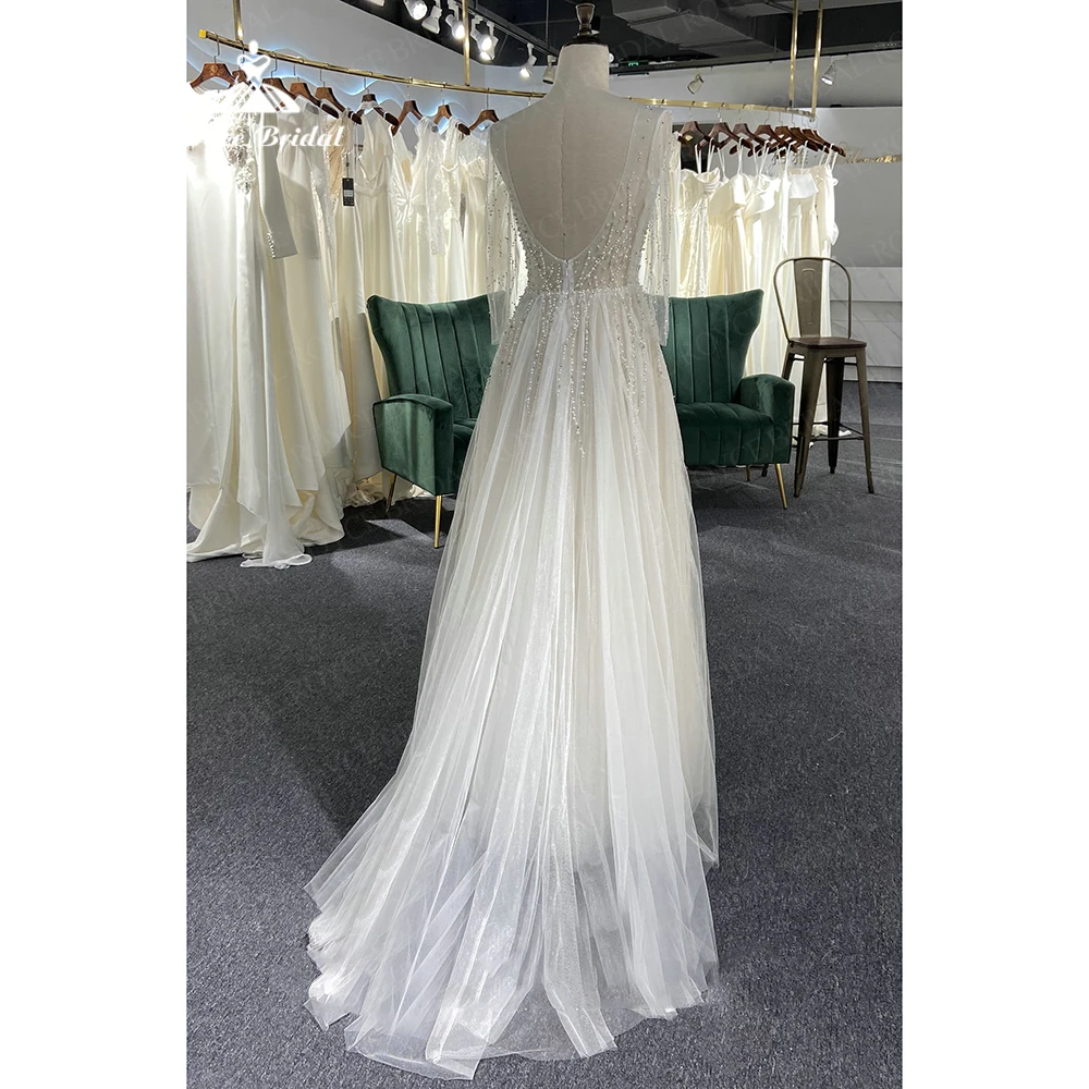 Pearls Beading Boho Wedding Dress 2023 Robe Mariee Scoop Neck Deep V Bridal Reception Gown Sexy Tulle Beach Wedding Dresses