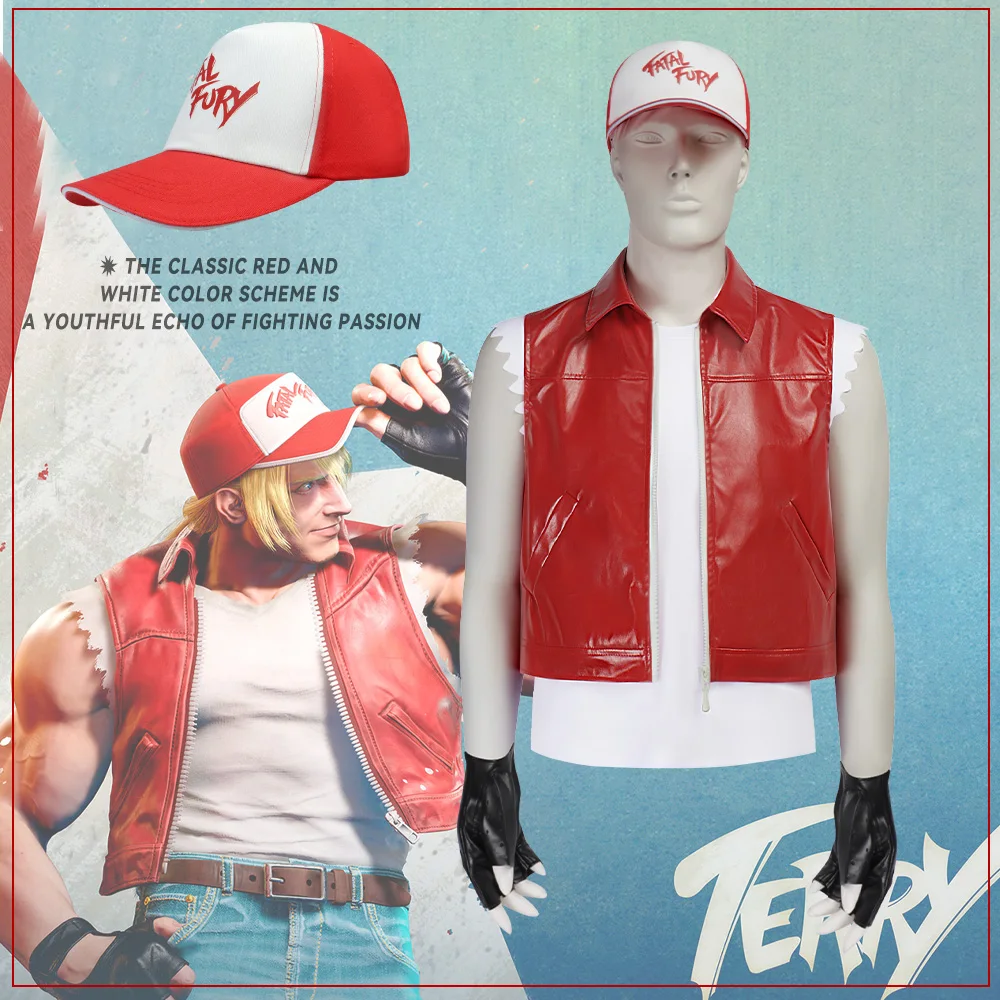KOF Terry Cosplay Costume Terry Tenue Avec Casquette Fatal Fury Gilet Cuir Rouge Avec Etoile Costume Cosplay Homme