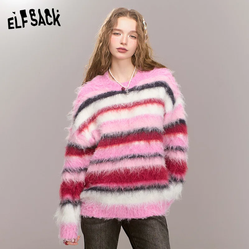 ELFSACK 2024 Winter New Arrivals Loose casual pink stripes contrast warm sweater for women