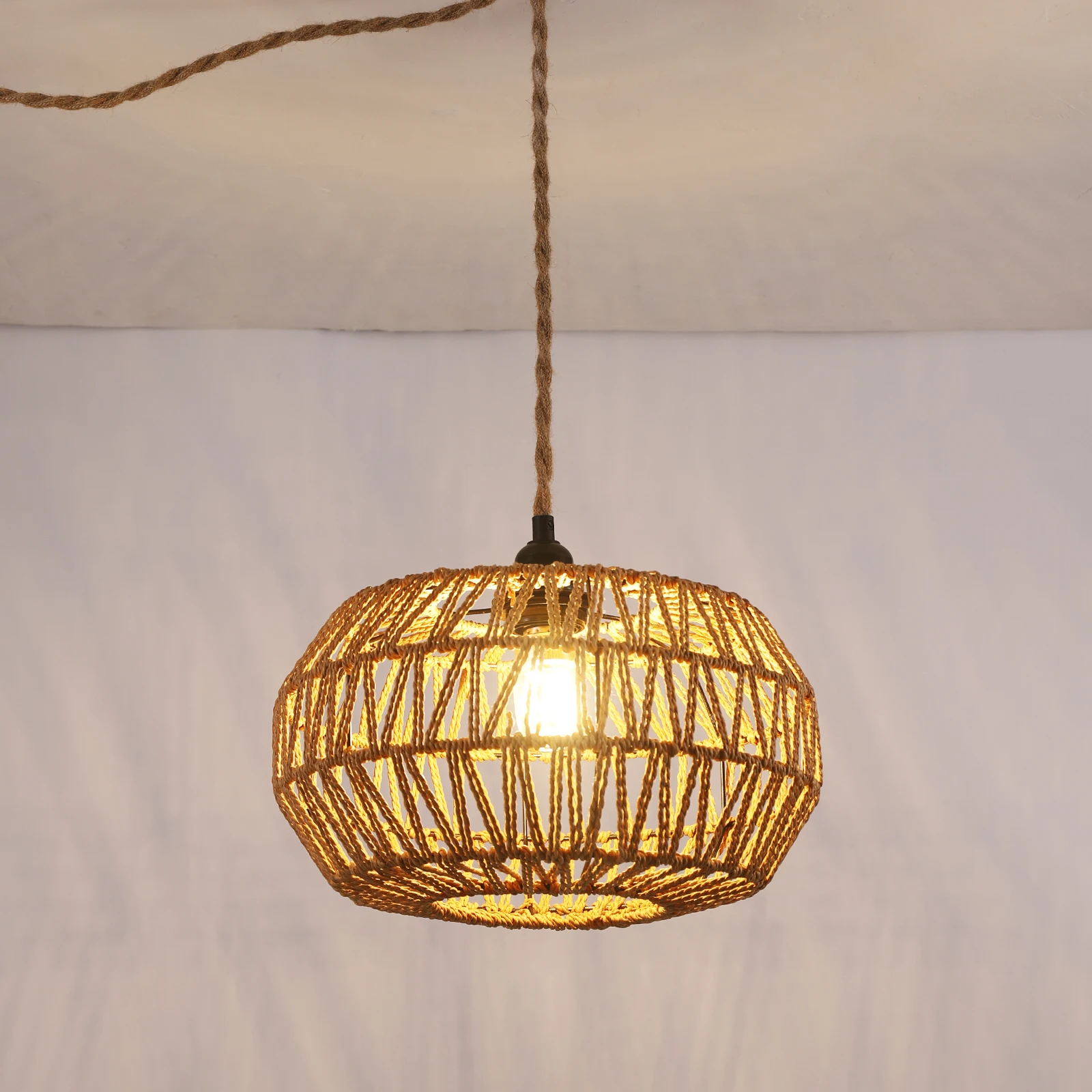 

Rattan Plug in Pendant Light,Boho Hanging Light Fixture with Plug in Cord, E26 Woven Bamboo Chandelier for Kitchen Bedroom