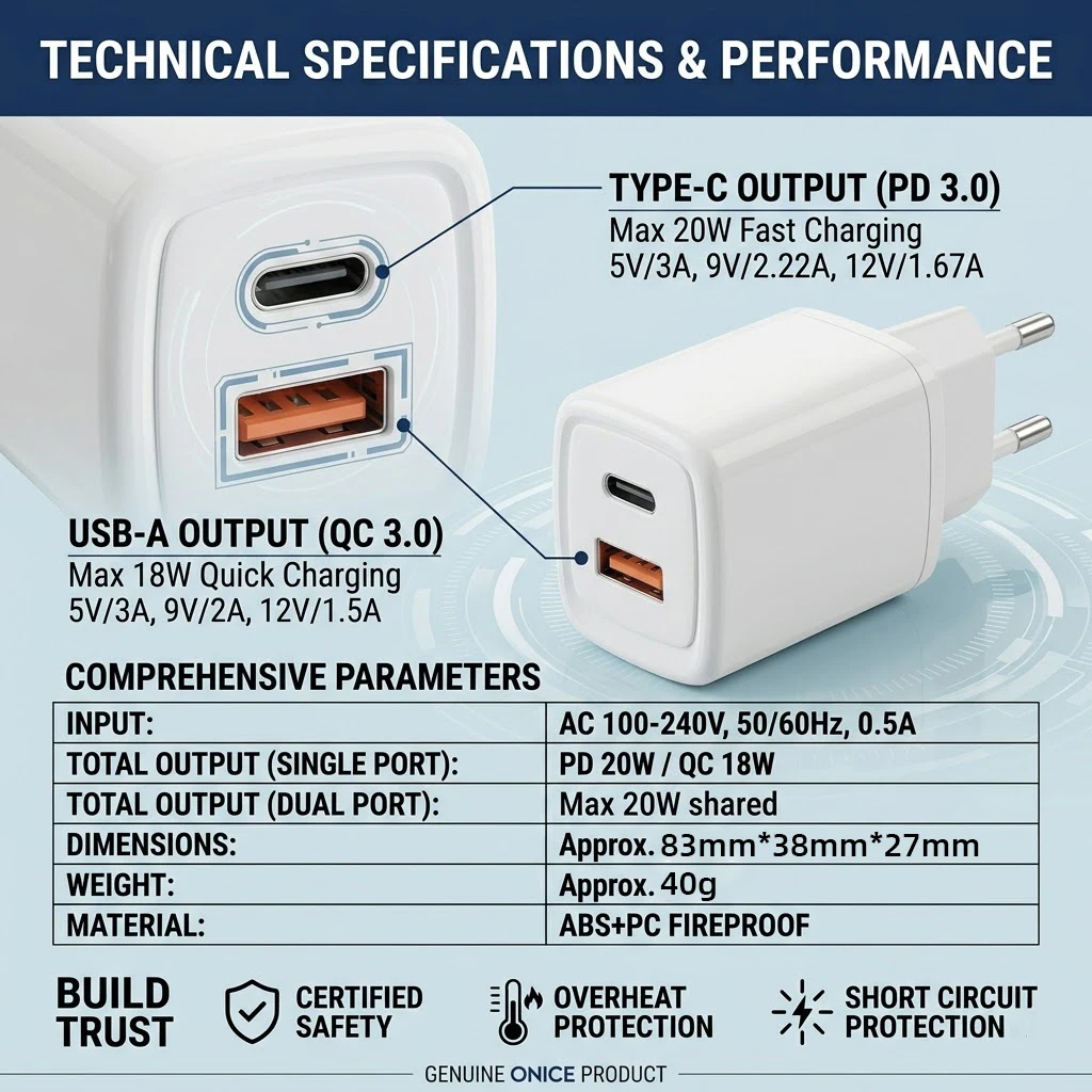 For iPhone Charging Kit 20W Dual Port Charger USB A Type C PD QC EU Charger Block with Cable For iPhone 17 16 15 14 13 12 11 Pro - view 5