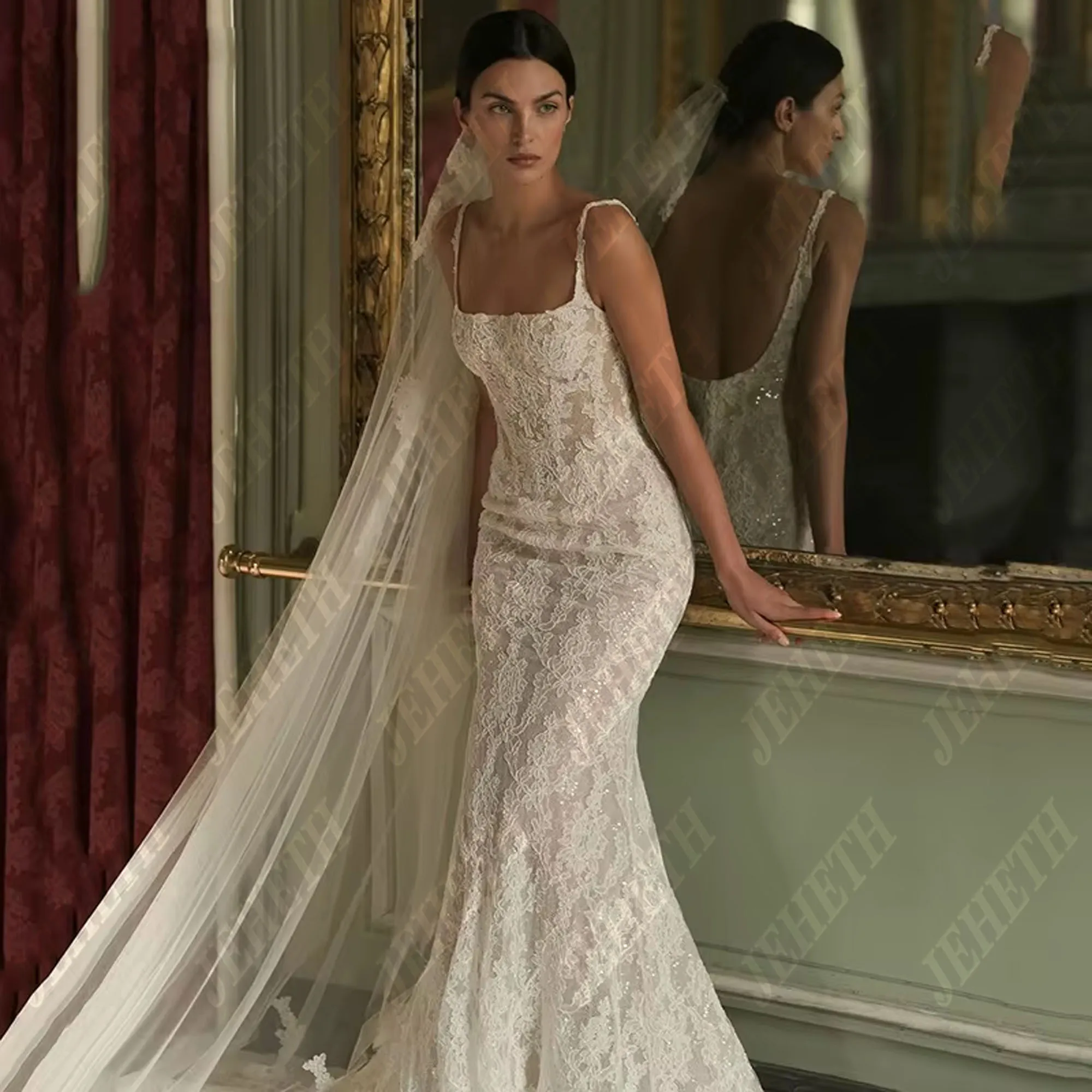 JEHETH sirène dentelle Applique robe de mariée Spaghetti sangle col carré robe de mariée princesse dos nu robe de mariée personnalisé 2025