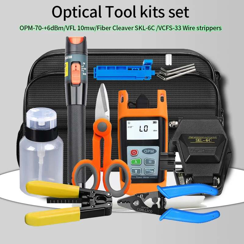 

FTTH Tool Kit With 10mw VFL -70-+6dBm Fiber Optic Power Meter AUA-7S/SKL-6C Fiber Cleaver Kevlar Shears tool free shipping