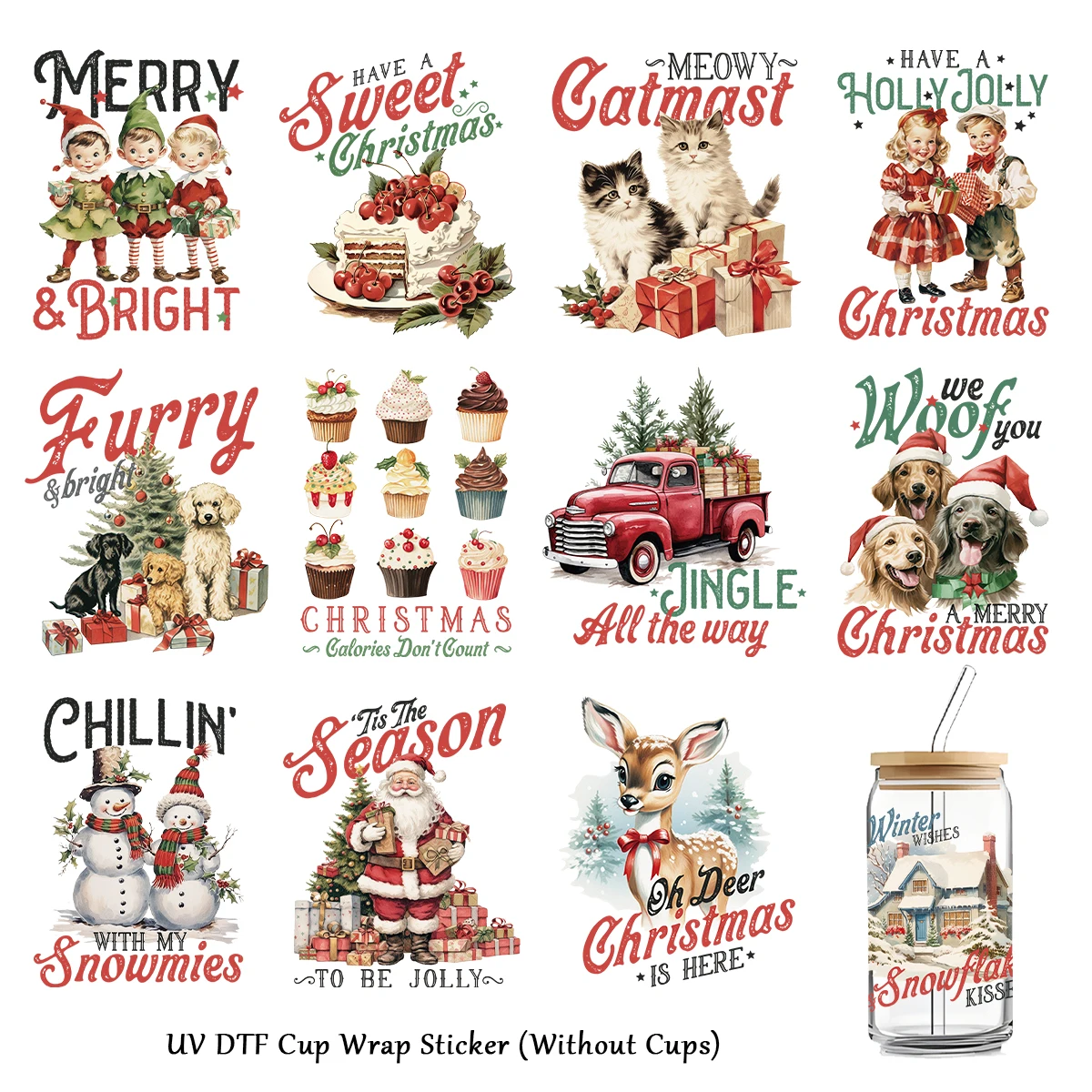 12 stücke Vintage UV Dtf Cup Wrap Transfers Aufkleber, Weihnachten-Themen reiben auf Transfers für 16 Unzen Glas Tasse, DIY Handwerk, Weihnachts schmuck