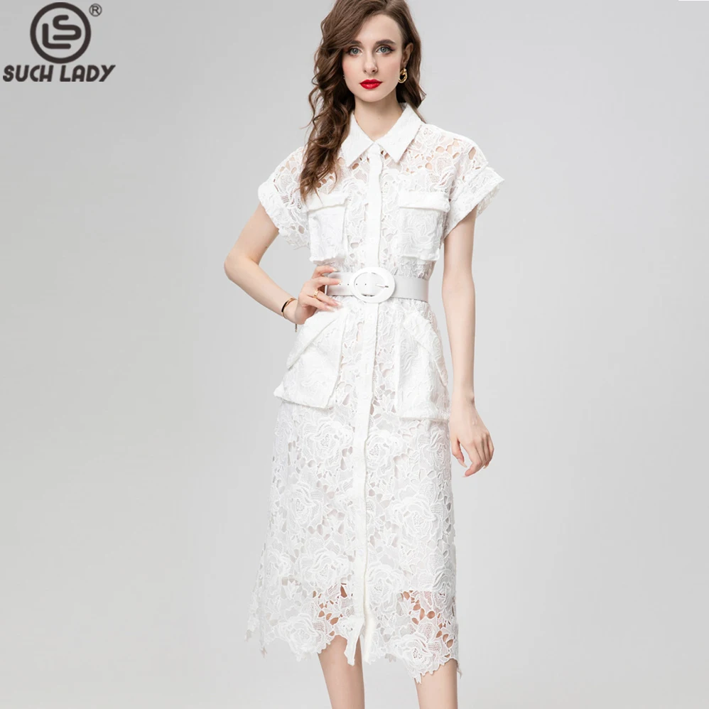 

Women's Dress Turn Down Collar Short Sleeves Embroidery Lace Elegant Fashion Runway Vestidos with Belt