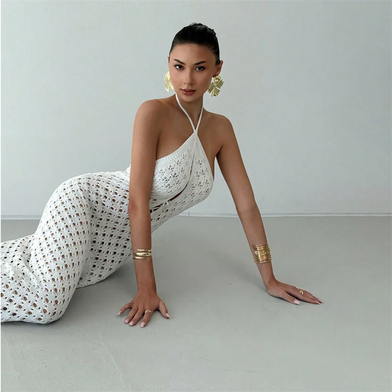 Damen Neckholder, rückenfrei, Schnürung, langes, schmal geschnittenes Strickkleid, durchsichtig, gehäkelt, Strand-Bikini, Überwurf, Sommer-Badebekleidung