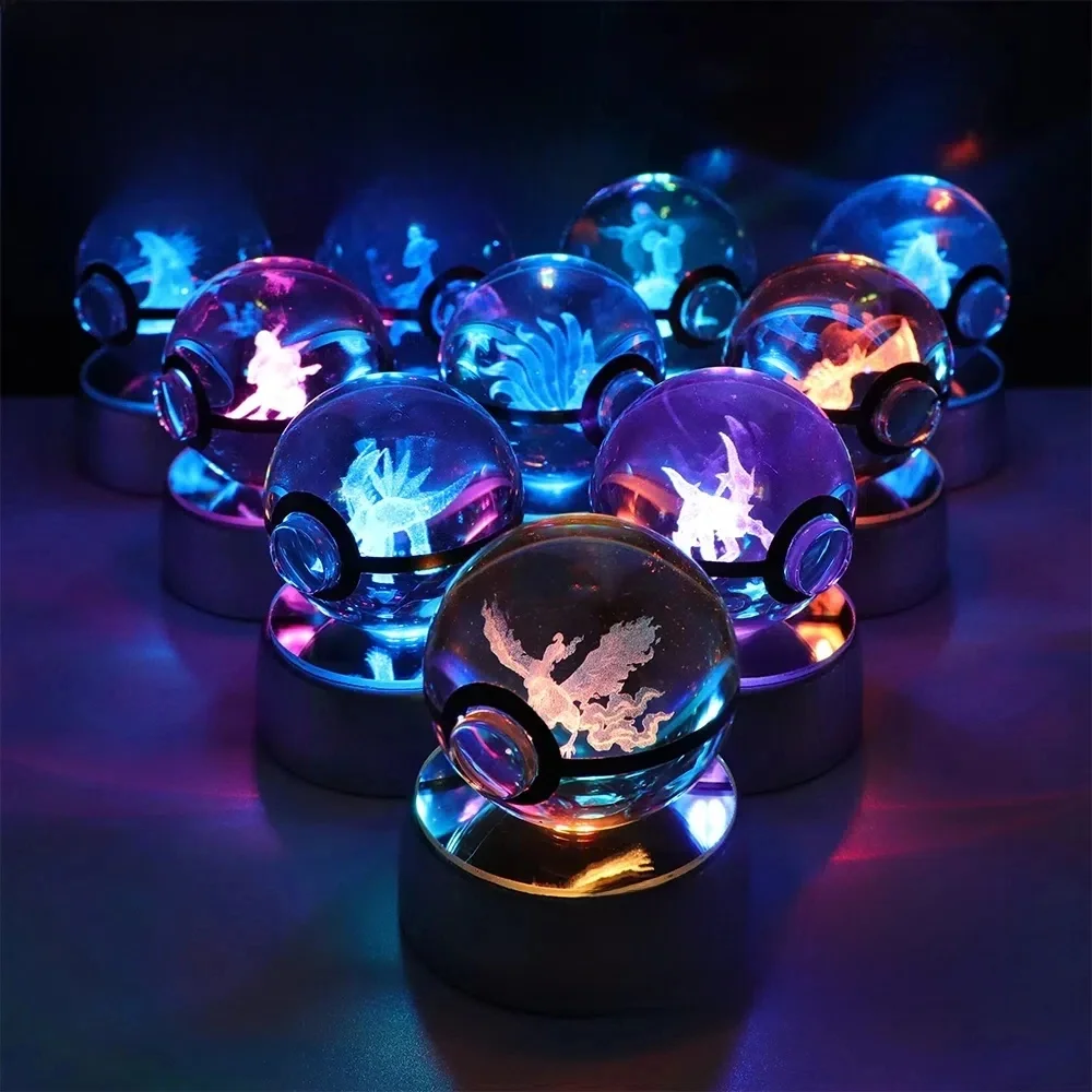 Boule de cristal Pokemon 3D Pikachu Gengar Eevee Mewtwo, jeu d'anime Pokeball avec Base de veilleuse Led, cadeau de noël, décoration de la maison