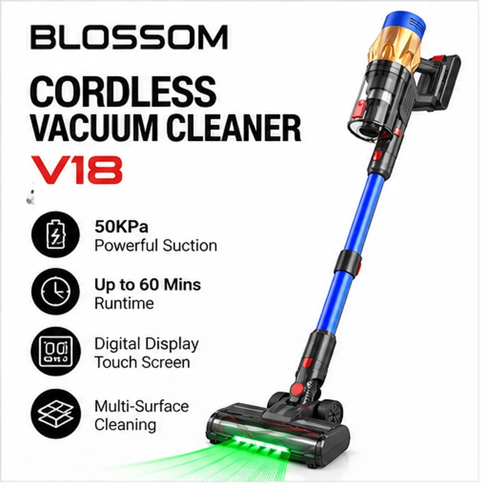 Blossom V18 draadloze stofzuiger, 550 W 45 KPA 55 minuten draadloze steelstofzuiger met touchscreen, 6 lbs zeer lichtgewicht