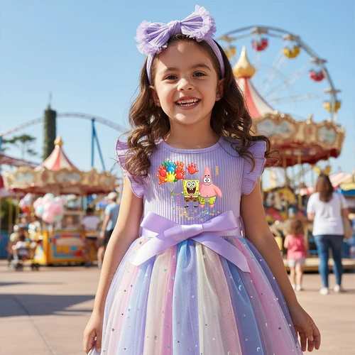 Vestido de Bob Esponja para niñas, vestido de princesa dulce de tul arcoíris a la moda para niñas, regalo de fiesta de cumpleaños de 1 a 5 años