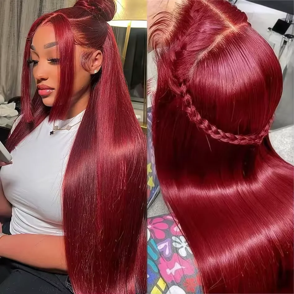 

99j Burgundy Straight Lace Front Wigs Human Hair 99j Red Colored 13x4 HD Lace Frontal Wigs for Women 200% Density Glueless Wigs
