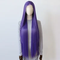 Peluca con malla frontal sintética de color púrpura oscuro, peluca larga y recta de 40 pulgadas, peluca sintética con malla frontal de color púrpura vivo, línea de cabello Natural prearrancada