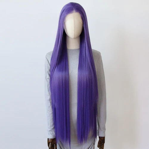 Peluca con malla frontal sintética de color púrpura oscuro, peluca larga y recta de 40 pulgadas, peluca sintética con malla frontal de color púrpura vivo, línea de cabello Natural prearrancada