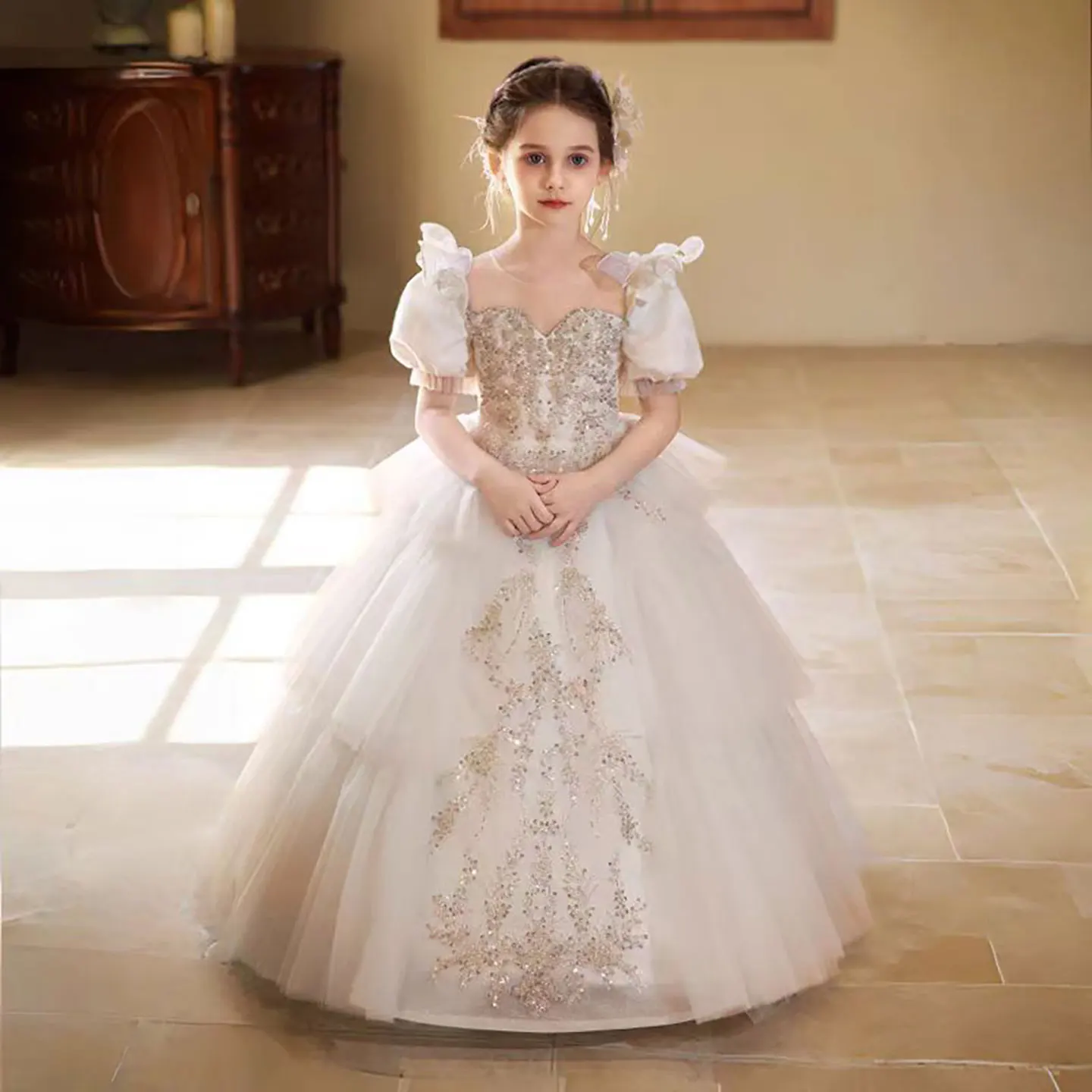 

Dreamy Vow Gorgeous Sweetheart Beaded Tiered Tulle Flower Girl Princess Dress Wedding Evening Party Pageant Prom 2025 D314