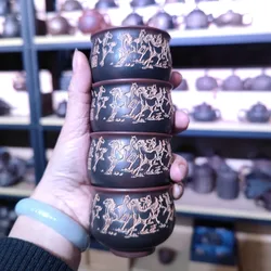 2pcs Hot Sale Healthy Nixing Pottery Hand Throwing Personal Cups Carved Eight Horses Natural Clay (Not Yi Xing) Gift Idea Cup