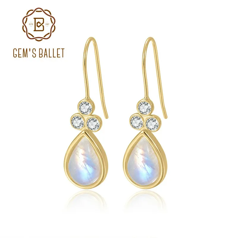 

GEM'S BALLET 925 Sterling Silver Gold Earrings 1.36Ct 6x9mm Natural Milky Blue Moonstone Fishhook Dangle Earrings Gift For Her