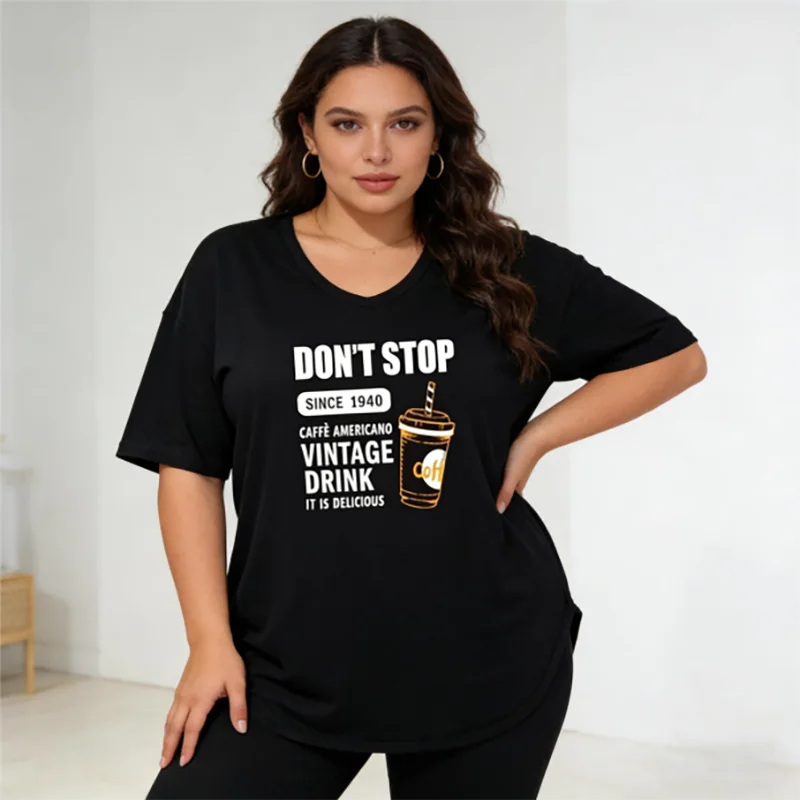 Plus size 40-150kg trendy coffee print oversized t shirt women casual loose u neck short sleeve graphic cotton summer top