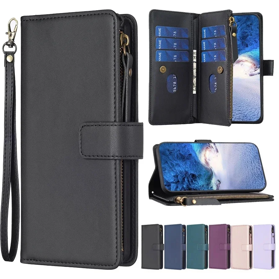 Portfel z klapką, jednokolorowy, wielokartowy, skórzany futerał z zamkiem błyskawicznym do Samsung Galaxy S25 S24 Plus S23 Ultra S22 S21 FE A55 A54 A35 A15 — zdjęcie produktu 7