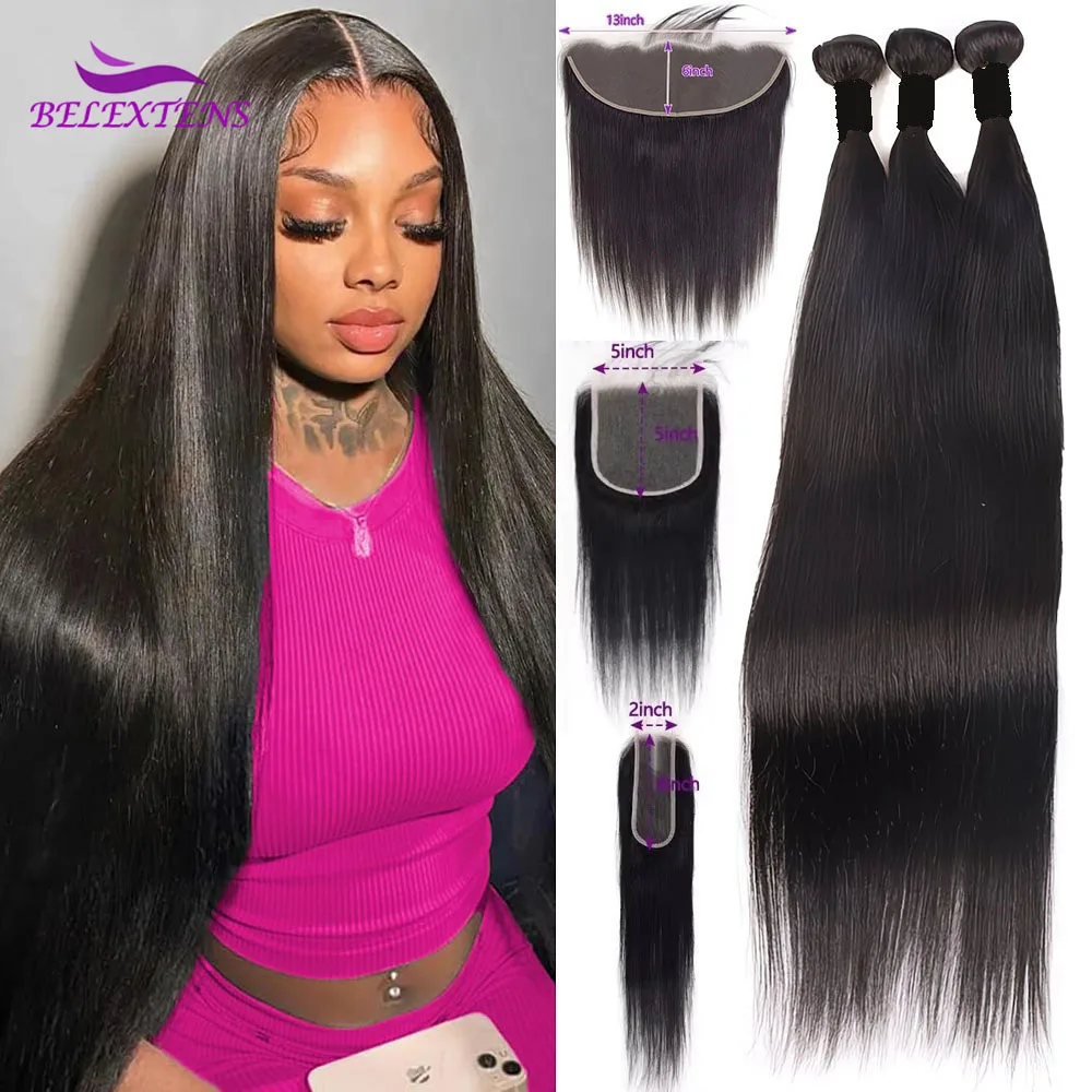 15A Glatte Echthaar-Bündel mit Verschluss 2x6/5x5/13x4 Brasilianische Jungfrau-Rohhaar-Extensions 100% Echthaar für Frauen
