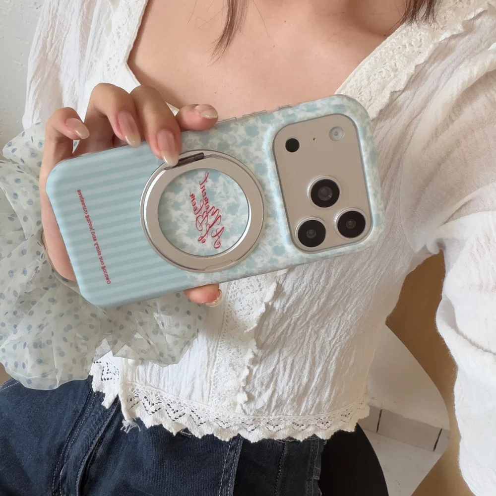 Fashion Korea Ins Simple Blue Floral Stripe Pattern Phone Case for iPhone 17 Pro 15 16 17 Pro Max 15 16 Pro with Magnetic Holder