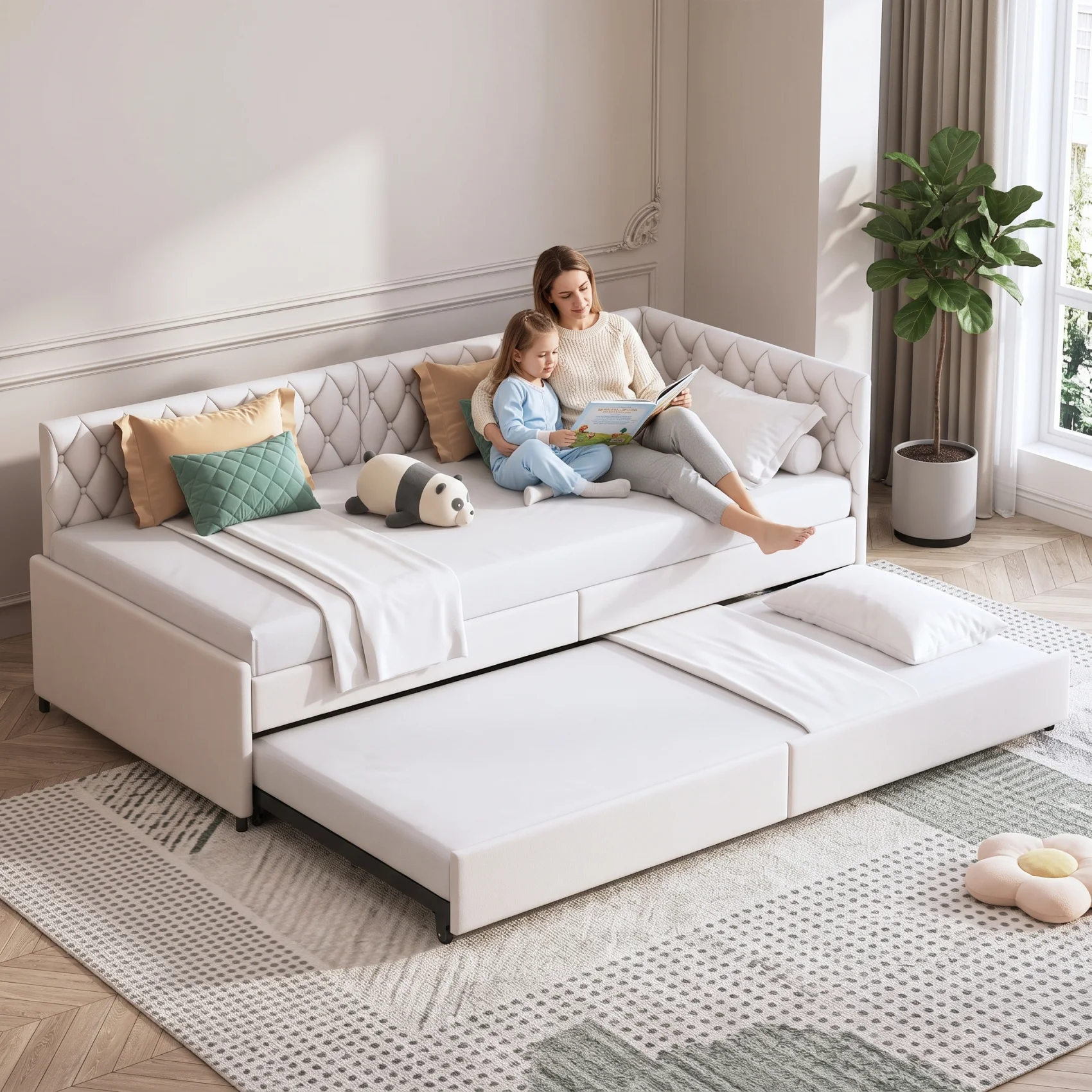 Divano letto Simurq, 90 x 200 cm, divano letto trasformabile in letto con struttura a doghe, divano letto largo 200 cm, rivestimento in velluto, senza materasso, color beige.