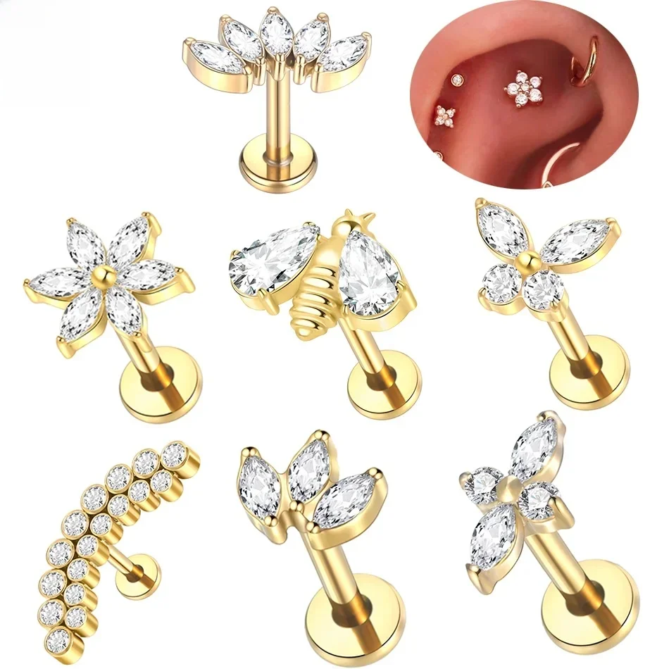 1 stks Titanium Piercing Kruis Bloem Stud Oorbel Intern Schroefdraad Kubieke Zirkoon Tragus Helix Piercing Lichaam Sieraden - afbeelding 2