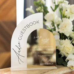 Letrero de libro de visitas de Audio, acrílico con espejo dorado arqueado, acrílico esmerilado, decoración de boda, papelería de recepción