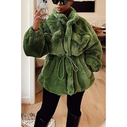 Plus Size Casual Green Faux Fur Oversized Jacket With Cinch Waist