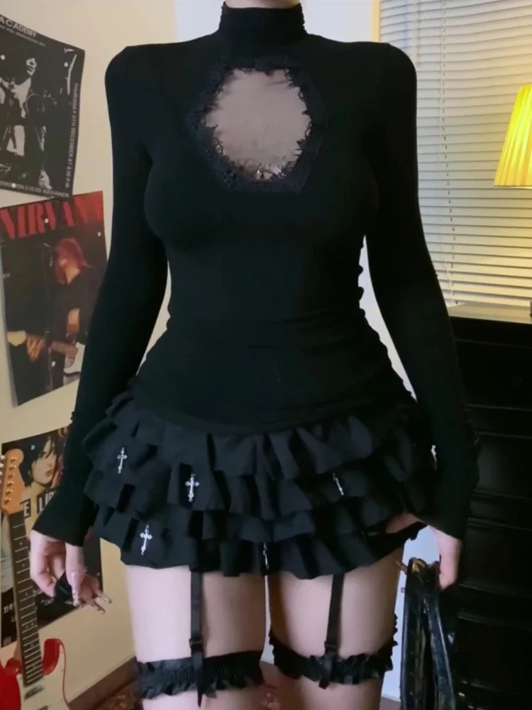 Haut à col roulé Y2k vêtements noir gothique croix creux minceur bas T-shirt pour femmes à manches longues Sexy T-shirt filles hauts