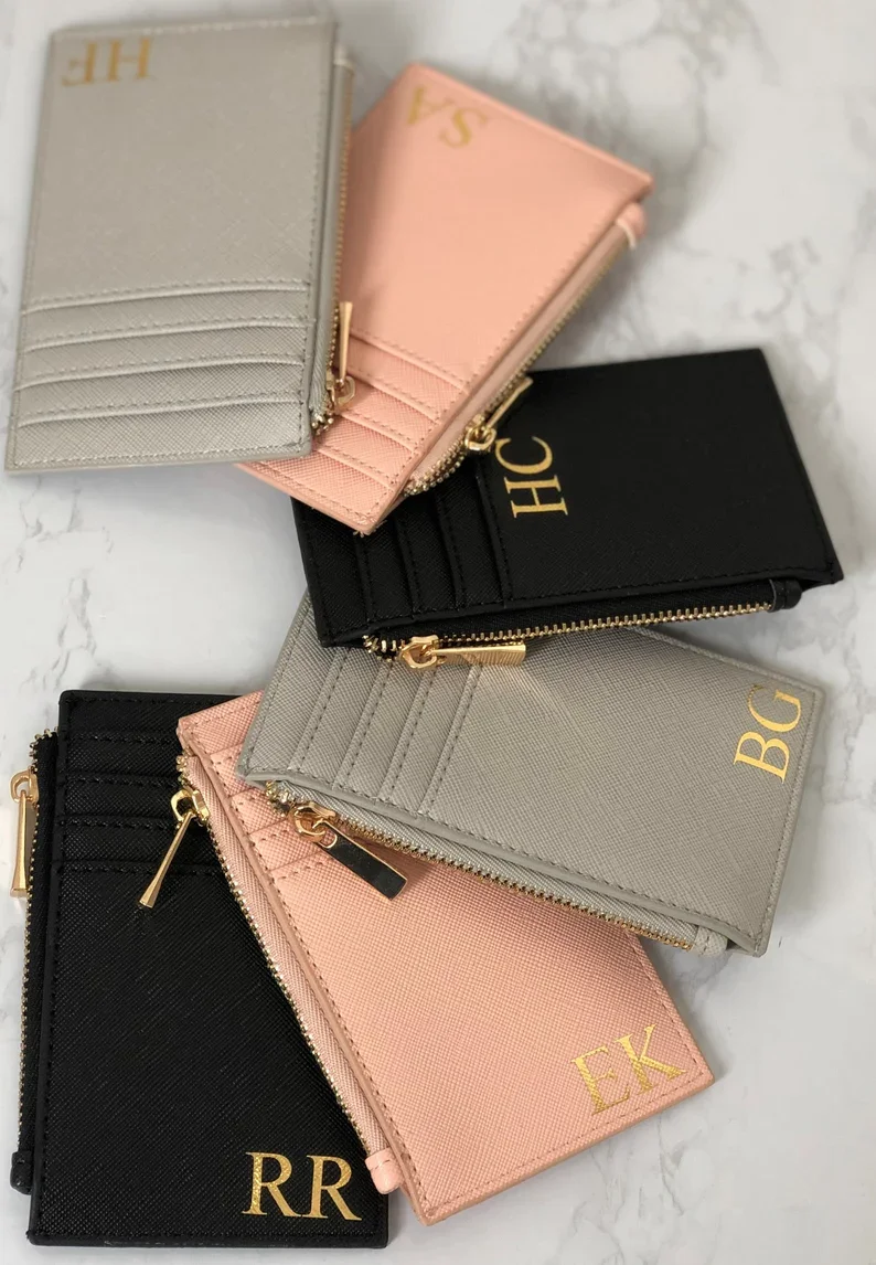 Porte-cartes monogramme personnalisé pour femme, portefeuille minimaliste personnalisé, sac à main imprimé or, cadeau de remerciement pour demoiselle d'honneur