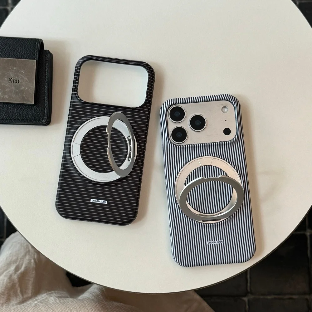 INS Simple Black And White Striped Print Phone Case For iPhone 17 Pro 16 Max 15 16 17 Pro Max 15 16 Pro With 360° Magnetic Stand