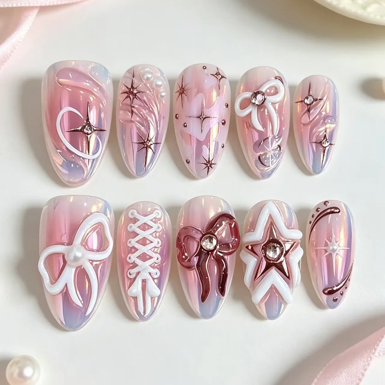 3D Bowknot Almond Press-on Nails Sweet Y2K Rhinestone Gilded Star Nail Tips