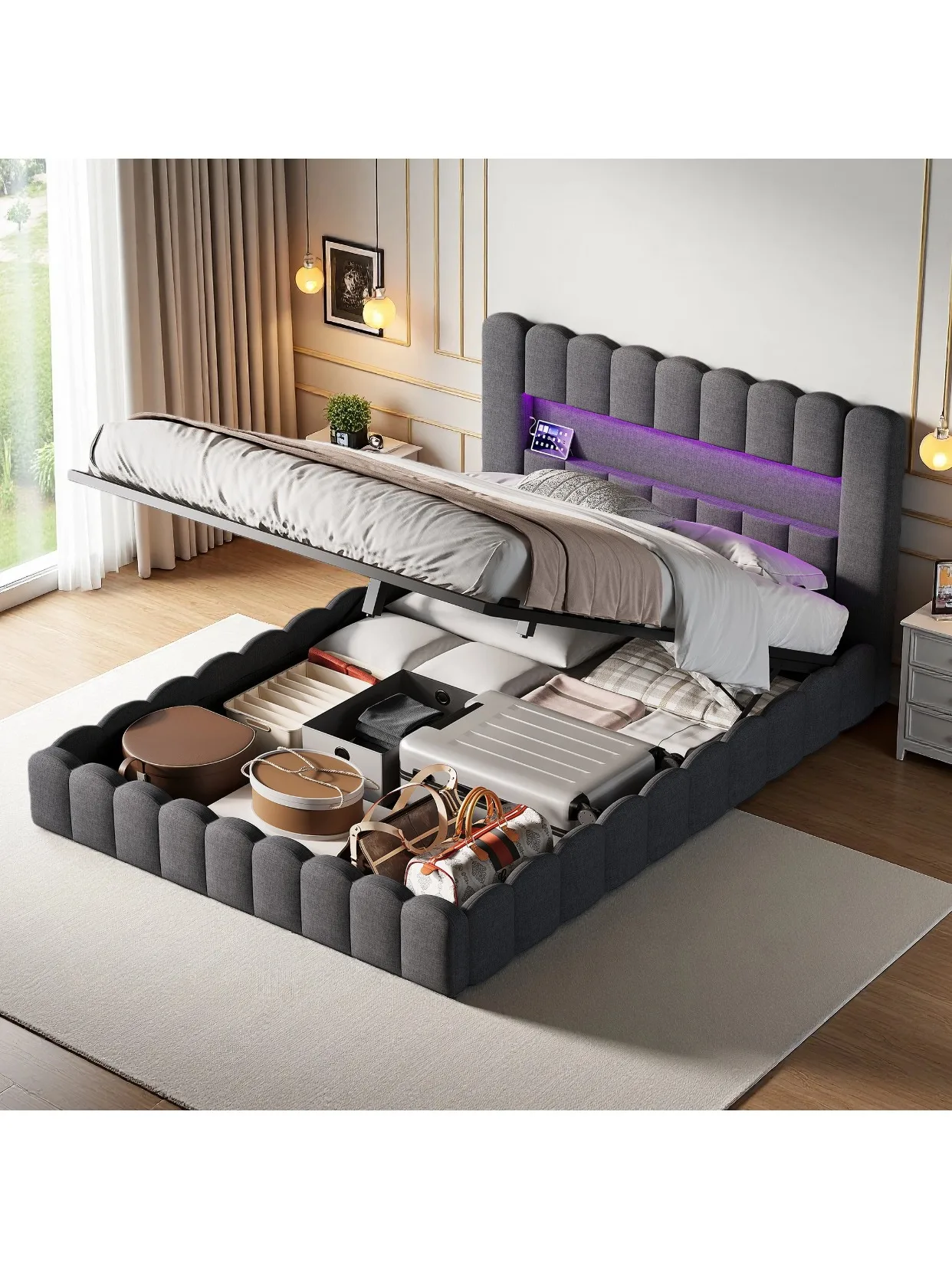 Comanlai, 140 x 200 cm, hydraulisches Bett, Bett für Erwachsene, Bettgestell mit viel Stauraum, Doppelbett, Bettgestell mit hoher Rückenlehne, gepolstertes Bett, stabiles, gepolstertes Bett für kleine