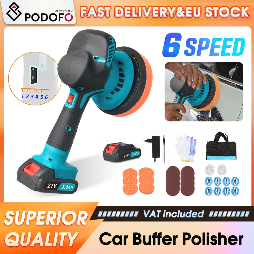Podofo Kit de polisseuse orbitale sans fil pour voiture de 6 pouces, lot de 2 batteries rechargeables 21V, 6 vitesses variables, 5500 tr/min, machine de polissage et de détaillage portable, compatible avec la batterie Makita, pour le nettoyage et le cirage des surfaces de voitures et de bateaux