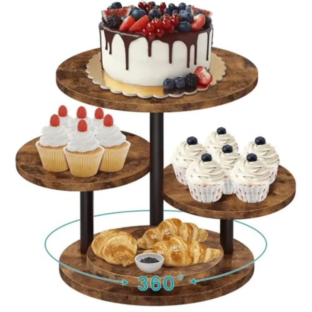4-Tier Round Cupcake Stand 360° Rotating Wood Cake Stand for 50 Cupcakes Farmhouse Cookie Display for Dessert Wedding Birthday Baby Shower Tea Party