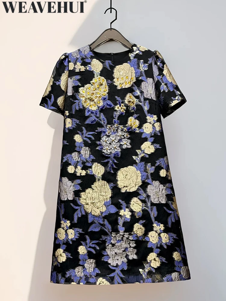 WEAVEHUI Women Classic Style O-Neck Short Sleeves Embroidery Beading Diamonds Summer Premium feel Mini Dresses